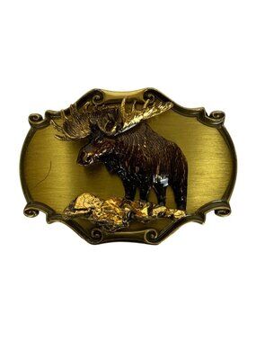 Vintage 1980 Raintree Brass 3D Moose Western Belt Buckle With Gold-Tone Accent